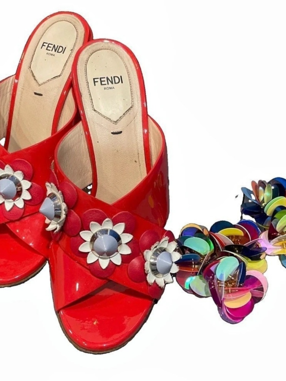 Fendi Flowerland Patent Leather Studded Mules Red Multicolor Heels